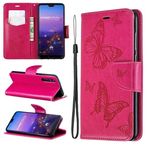 Huawei P20 Pro Coque, Saturcase Papillon Gaufrage Pu Cuir Magnétique Flip Portefeuille Support Porte-Carte Protecteur Coque Housse Étui Avec Dragonne Pour Huawei P20 Pro (Rose)