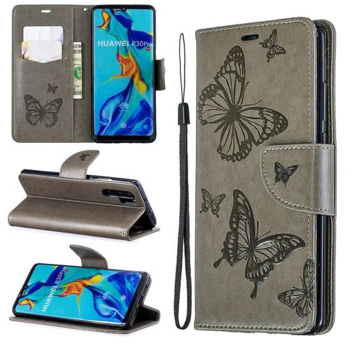 Huawei P30 Pro Coque, Saturcase Papillon Gaufrage Pu Cuir Magnétique Flip Portefeuille Support Porte-Carte Protecteur Coque Housse Étui Avec Dragonne Pour Huawei P30 Pro (Gris)