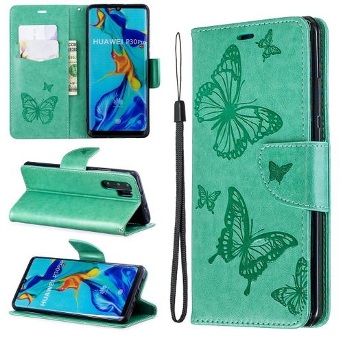 Huawei P30 Pro Coque, Saturcase Papillon Gaufrage Pu Cuir Magnétique Flip Portefeuille Support Porte-Carte Protecteur Coque Housse Étui Avec Dragonne Pour Huawei P30 Pro (Vert)
