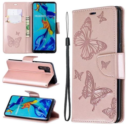 Huawei P30 Pro Coque, Saturcase Papillon Gaufrage Pu Cuir Magnétique Flip Portefeuille Support Porte-Carte Protecteur Coque Housse Étui Avec Dragonne Pour Huawei P30 Pro (Or)