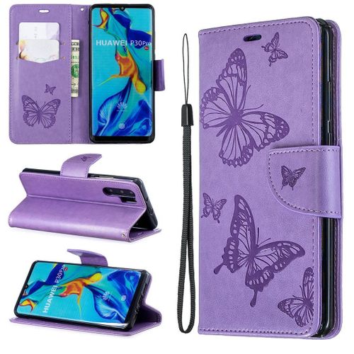 Huawei P30 Pro Coque, Saturcase Papillon Gaufrage Pu Cuir Magnétique Flip Portefeuille Support Porte-Carte Protecteur Coque Housse Étui Avec Dragonne Pour Huawei P30 Pro (Violet)