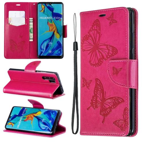 Huawei P30 Pro Coque, Saturcase Papillon Gaufrage Pu Cuir Magnétique Flip Portefeuille Support Porte-Carte Protecteur Coque Housse Étui Avec Dragonne Pour Huawei P30 Pro (Rose)