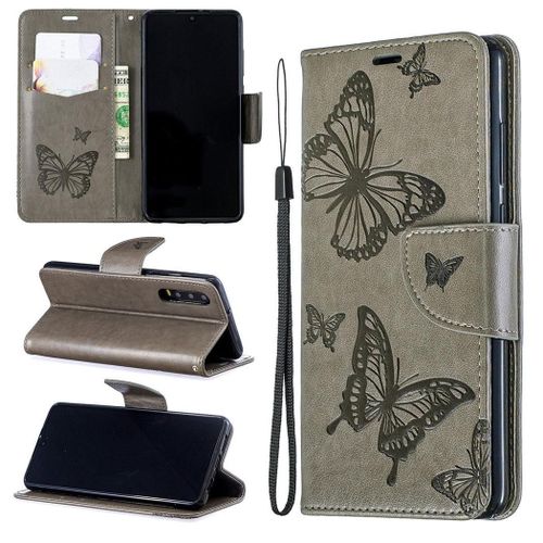 Huawei P30 Coque, Saturcase Papillon Gaufrage Pu Cuir Magnétique Flip Portefeuille Support Porte-Carte Protecteur Coque Housse Étui Avec Dragonne Pour Huawei P30 (Gris)