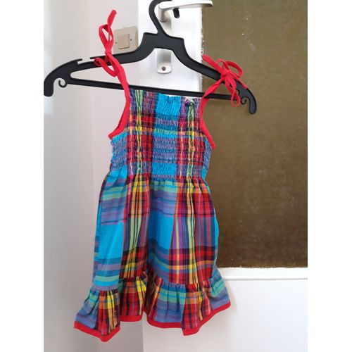 Robe Fillette Smokée Poitrine Madras Bleue 18 Mois