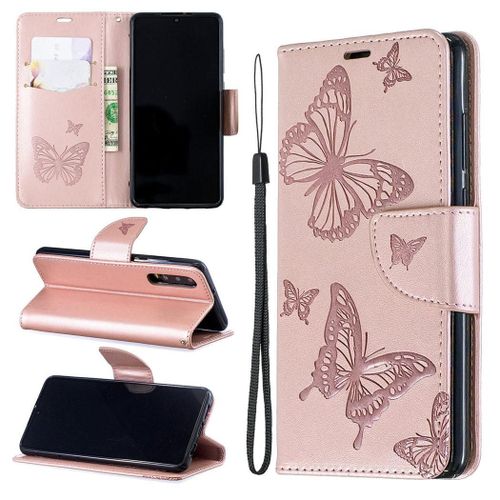 Huawei P30 Coque, Saturcase Papillon Gaufrage Pu Cuir Magnétique Flip Portefeuille Support Porte-Carte Protecteur Coque Housse Étui Avec Dragonne Pour Huawei P30 (Or)