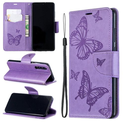 Huawei P30 Coque, Saturcase Papillon Gaufrage Pu Cuir Magnétique Flip Portefeuille Support Porte-Carte Protecteur Coque Housse Étui Avec Dragonne Pour Huawei P30 (Violet)