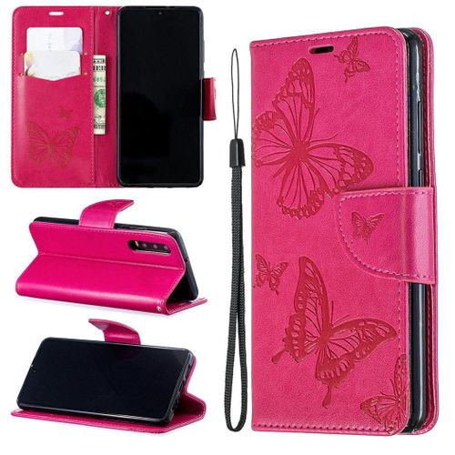 Huawei P30 Coque, Saturcase Papillon Gaufrage Pu Cuir Magnétique Flip Portefeuille Support Porte-Carte Protecteur Coque Housse Étui Avec Dragonne Pour Huawei P30 (Rose)