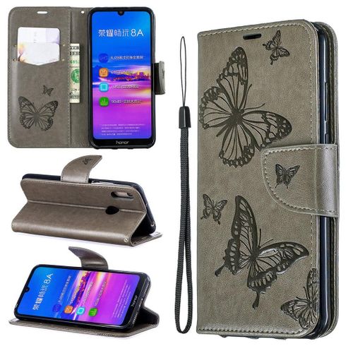 Huawei Y6 2019 Coque, Saturcase Papillon Pu Cuir Magnétique Flip Portefeuille Support Porte-Carte Protecteur Coque Housse Étui Avec Dragonne Pour Huawei Y6 2019 / Y6 Prime 2019 / Y6 Pro 2019 (Gris)