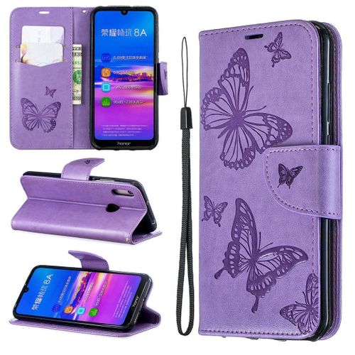 Huawei Y6 2019 Coque, Saturcase Papillon Pu Cuir Magnétique Flip Portefeuille Support Porte-Carte Protecteur Coque Housse Étui Avec Dragonne Pour Huawei Y6 2019 / Y6 Prime 2019 / Y6 Pro 2019 (Violet)