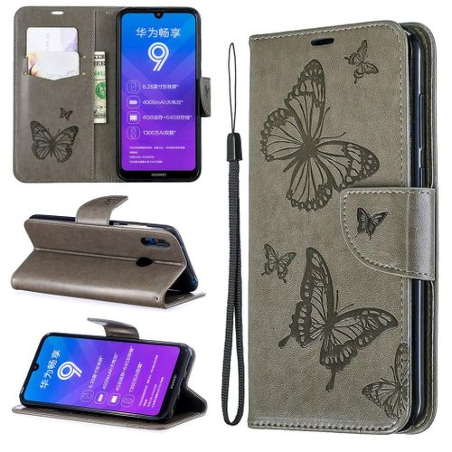 Huawei Y7 2019 Coque, Saturcase Papillon Pu Cuir Magnétique Flip Portefeuille Support Porte-Carte Protecteur Coque Housse Étui Avec Dragonne Pour Huawei Y7 2019 / Y7 Prime 2019 / Y7 Pro 2019 (Gris)