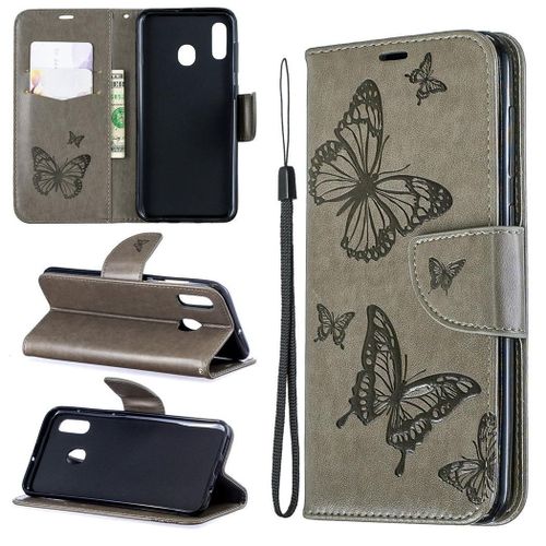 Samsung Galaxy A20 / A30 Coque, Saturcase Papillon Gaufrage Pu Cuir Magnétique Flip Portefeuille Support Porte-Carte Protecteur Coque Housse Étui Avec Dragonne Pour Samsung Galaxy A20 / A30 (Gris)