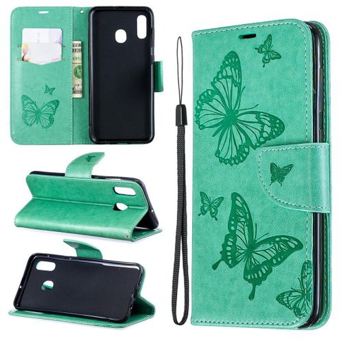 Samsung Galaxy A20 / A30 Coque, Saturcase Papillon Gaufrage Pu Cuir Magnétique Flip Portefeuille Support Porte-Carte Protecteur Coque Housse Étui Avec Dragonne Pour Samsung Galaxy A20 / A30 (Vert)
