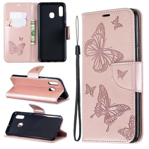 Samsung Galaxy A20 / A30 Coque, Saturcase Papillon Gaufrage Pu Cuir Magnétique Flip Portefeuille Support Porte-Carte Protecteur Coque Housse Étui Avec Dragonne Pour Samsung Galaxy A20 / A30 (Or)