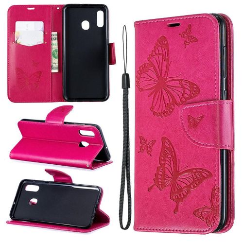 Samsung Galaxy A20 / A30 Coque, Saturcase Papillon Gaufrage Pu Cuir Magnétique Flip Portefeuille Support Porte-Carte Protecteur Coque Housse Étui Avec Dragonne Pour Samsung Galaxy A20 / A30 (Rose)