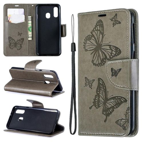 Samsung Galaxy A40 Coque, Saturcase Papillon Gaufrage Pu Cuir Magnétique Flip Portefeuille Support Porte-Carte Protecteur Coque Housse Étui Avec Dragonne Pour Samsung Galaxy A40 (Gris)