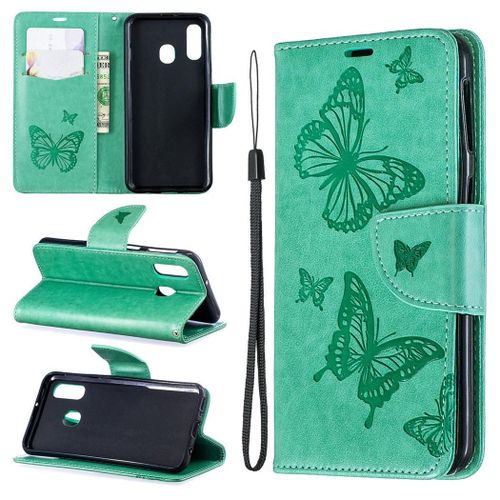 Samsung Galaxy A40 Coque, Saturcase Papillon Gaufrage Pu Cuir Magnétique Flip Portefeuille Support Porte-Carte Protecteur Coque Housse Étui Avec Dragonne Pour Samsung Galaxy A40 (Vert)