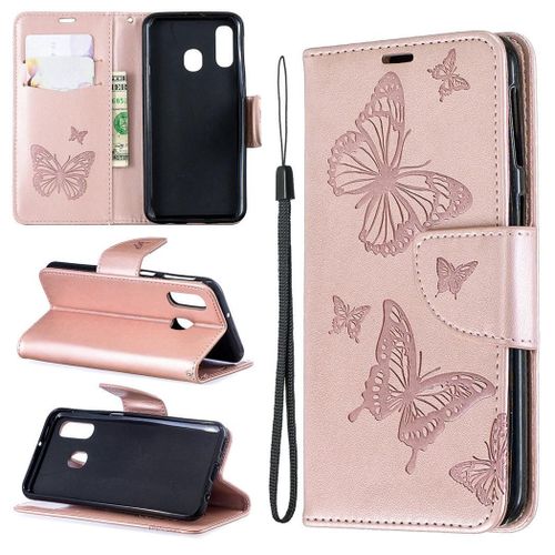 Samsung Galaxy A40 Coque, Saturcase Papillon Gaufrage Pu Cuir Magnétique Flip Portefeuille Support Porte-Carte Protecteur Coque Housse Étui Avec Dragonne Pour Samsung Galaxy A40 (Or)