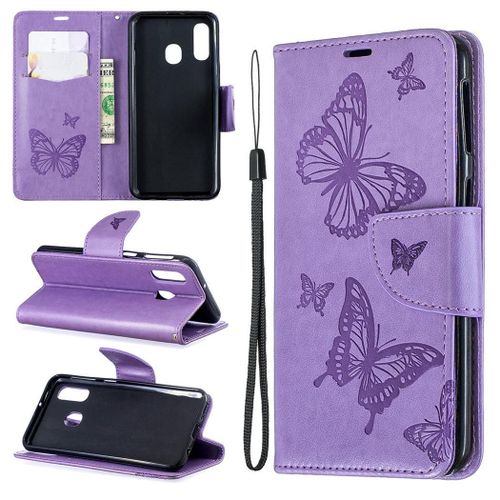 Samsung Galaxy A40 Coque, Saturcase Papillon Gaufrage Pu Cuir Magnétique Flip Portefeuille Support Porte-Carte Protecteur Coque Housse Étui Avec Dragonne Pour Samsung Galaxy A40 (Violet)
