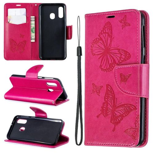 Samsung Galaxy A40 Coque, Saturcase Papillon Gaufrage Pu Cuir Magnétique Flip Portefeuille Support Porte-Carte Protecteur Coque Housse Étui Avec Dragonne Pour Samsung Galaxy A40 (Rose)