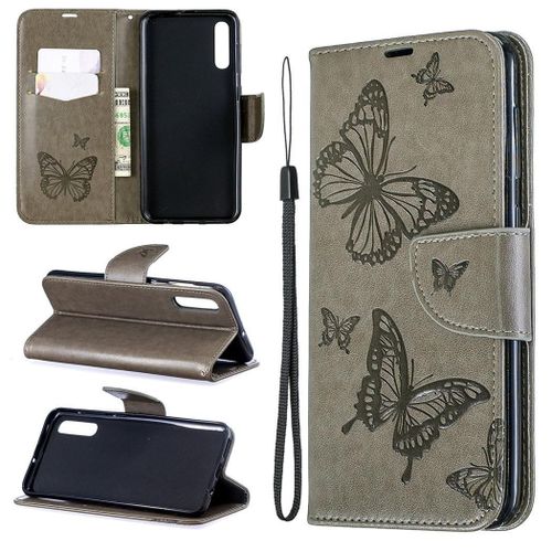 Samsung Galaxy A50 Coque, Saturcase Papillon Gaufrage Pu Cuir Magnétique Flip Portefeuille Support Porte-Carte Protecteur Coque Housse Étui Avec Dragonne Pour Samsung Galaxy A50 (Gris)