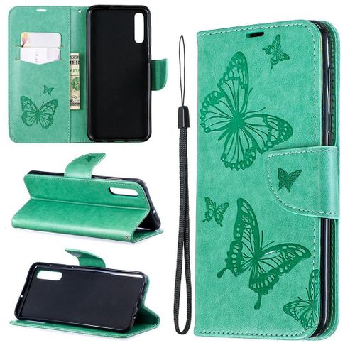 Samsung Galaxy A50 Coque, Saturcase Papillon Gaufrage Pu Cuir Magnétique Flip Portefeuille Support Porte-Carte Protecteur Coque Housse Étui Avec Dragonne Pour Samsung Galaxy A50 (Vert)