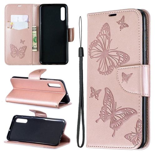 Samsung Galaxy A50 Coque, Saturcase Papillon Gaufrage Pu Cuir Magnétique Flip Portefeuille Support Porte-Carte Protecteur Coque Housse Étui Avec Dragonne Pour Samsung Galaxy A50 (Or)