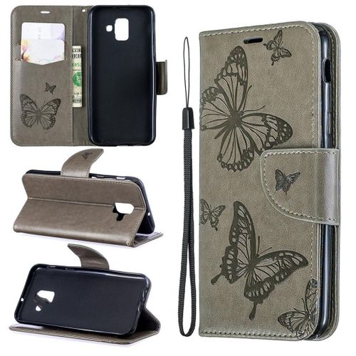 Samsung Galaxy A6 2018 Coque, Saturcase Papillon Gaufrage Pu Cuir Magnétique Flip Portefeuille Support Porte-Carte Protecteur Coque Housse Étui Avec Dragonne Pour Samsung Galaxy A6 2018 (Gris)
