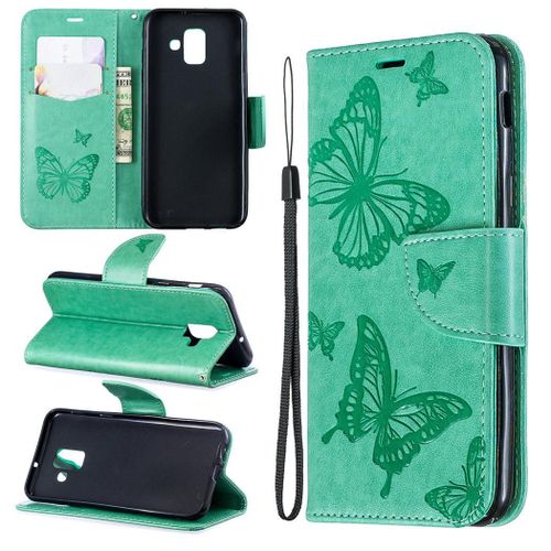 Samsung Galaxy A6 2018 Coque, Saturcase Papillon Gaufrage Pu Cuir Magnétique Flip Portefeuille Support Porte-Carte Protecteur Coque Housse Étui Avec Dragonne Pour Samsung Galaxy A6 2018 (Vert)