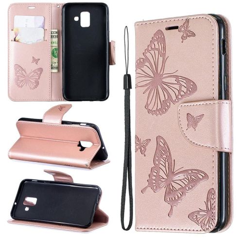 Samsung Galaxy A6 2018 Coque, Saturcase Papillon Gaufrage Pu Cuir Magnétique Flip Portefeuille Support Porte-Carte Protecteur Coque Housse Étui Avec Dragonne Pour Samsung Galaxy A6 2018 (Or)