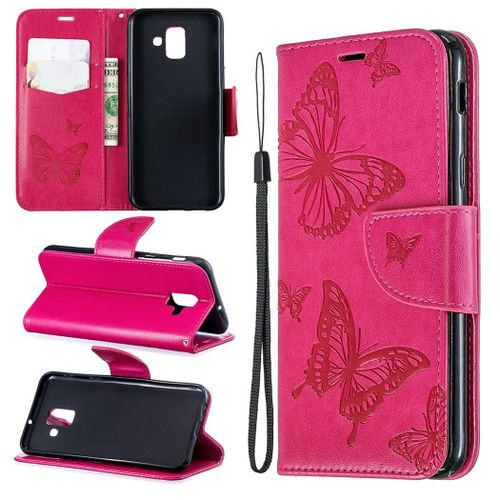 Samsung Galaxy A6 2018 Coque, Saturcase Papillon Gaufrage Pu Cuir Magnétique Flip Portefeuille Support Porte-Carte Protecteur Coque Housse Étui Avec Dragonne Pour Samsung Galaxy A6 2018 (Rose)