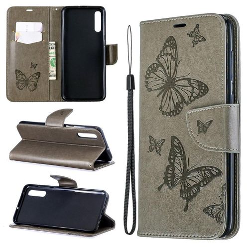 Samsung Galaxy A70 Coque, Saturcase Papillon Gaufrage Pu Cuir Magnétique Flip Portefeuille Support Porte-Carte Protecteur Coque Housse Étui Avec Dragonne Pour Samsung Galaxy A70 (Gris)