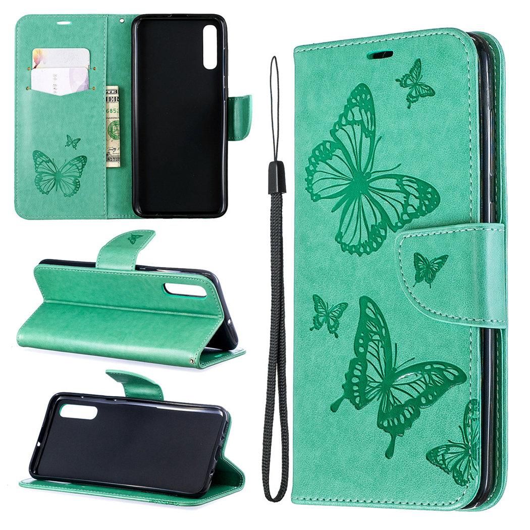 Samsung Galaxy A70 Coque, Saturcase Papillon Gaufrage Pu Cuir Magnétique Flip Portefeuille Support Porte-Carte Protecteur Coque Housse Étui Avec Dragonne Pour Samsung Galaxy A70 (Vert)