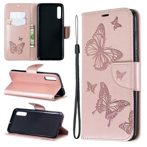 Samsung Galaxy A70 Coque, Saturcase Papillon Gaufrage Pu Cuir Magnétique Flip Portefeuille Support Porte-Carte Protecteur Coque Housse Étui Avec Dragonne Pour Samsung Galaxy A70 (Or)