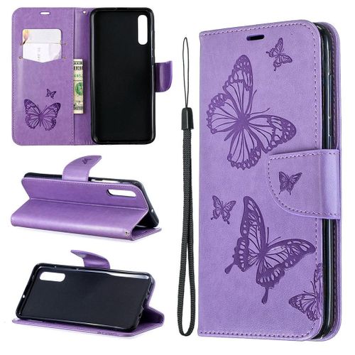 Samsung Galaxy A70 Coque, Saturcase Papillon Gaufrage Pu Cuir Magnétique Flip Portefeuille Support Porte-Carte Protecteur Coque Housse Étui Avec Dragonne Pour Samsung Galaxy A70 (Violet)