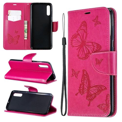 Samsung Galaxy A70 Coque, Saturcase Papillon Gaufrage Pu Cuir Magnétique Flip Portefeuille Support Porte-Carte Protecteur Coque Housse Étui Avec Dragonne Pour Samsung Galaxy A70 (Rose)