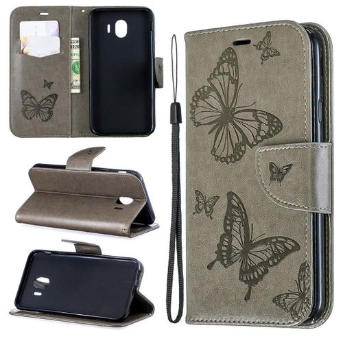 Samsung Galaxy J4 2018 Coque, Saturcase Papillon Gaufrage Pu Cuir Magnétique Flip Portefeuille Support Porte-Carte Protecteur Coque Housse Étui Avec Dragonne Pour Samsung Galaxy J4 2018 (Gris)