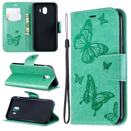 Samsung Galaxy J4 2018 Coque, Saturcase Papillon Gaufrage Pu Cuir Magnétique Flip Portefeuille Support Porte-Carte Protecteur Coque Housse Étui Avec Dragonne Pour Samsung Galaxy J4 2018 (Vert)