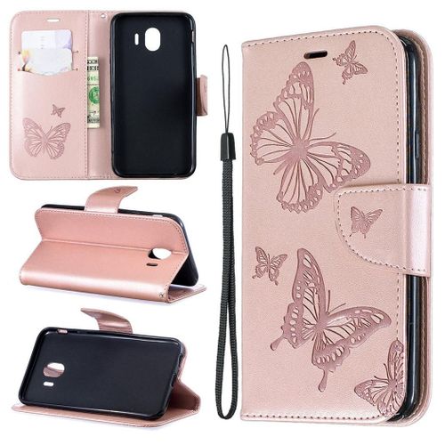 Samsung Galaxy J4 2018 Coque, Saturcase Papillon Gaufrage Pu Cuir Magnétique Flip Portefeuille Support Porte-Carte Protecteur Coque Housse Étui Avec Dragonne Pour Samsung Galaxy J4 2018 (Or)