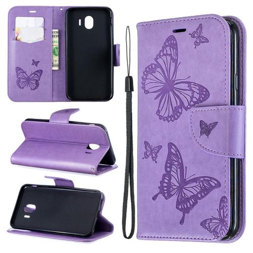 Samsung Galaxy J4 2018 Coque, Saturcase Papillon Gaufrage Pu Cuir Magnétique Flip Portefeuille Support Porte-Carte Protecteur Coque Housse Étui Avec Dragonne Pour Samsung Galaxy J4 2018 (Violet)