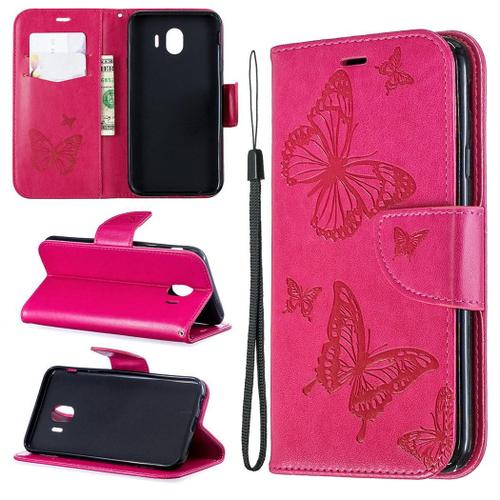 Samsung Galaxy J4 2018 Coque, Saturcase Papillon Gaufrage Pu Cuir Magnétique Flip Portefeuille Support Porte-Carte Protecteur Coque Housse Étui Avec Dragonne Pour Samsung Galaxy J4 2018 (Rose)