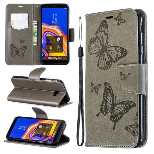 Samsung Galaxy J4 Plus Coque, Saturcase Papillon Gaufrage Pu Cuir Magnétique Flip Portefeuille Support Porte-Carte Protecteur Coque Housse Étui Avec Dragonne Pour Samsung Galaxy J4 Plus 2018 (Gris)