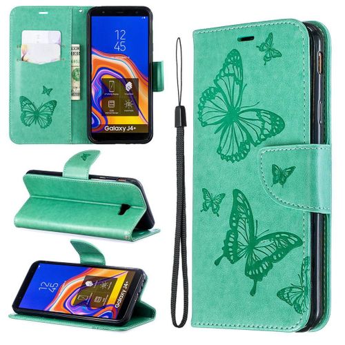 Samsung Galaxy J4 Plus Coque, Saturcase Papillon Gaufrage Pu Cuir Magnétique Flip Portefeuille Support Porte-Carte Protecteur Coque Housse Étui Avec Dragonne Pour Samsung Galaxy J4 Plus 2018 (Vert)