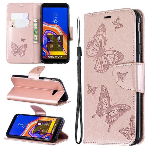 Samsung Galaxy J4 Plus Coque, Saturcase Papillon Gaufrage Pu Cuir Magnétique Flip Portefeuille Support Porte-Carte Protecteur Coque Housse Étui Avec Dragonne Pour Samsung Galaxy J4 Plus 2018 (Or)