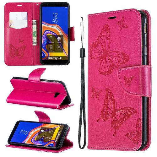 Samsung Galaxy J4 Plus Coque, Saturcase Papillon Gaufrage Pu Cuir Magnétique Flip Portefeuille Support Porte-Carte Protecteur Coque Housse Étui Avec Dragonne Pour Samsung Galaxy J4 Plus 2018 (Rose)