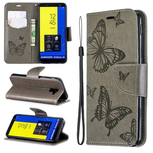Samsung Galaxy J6 2018 Coque, Saturcase Papillon Gaufrage Pu Cuir Magnétique Flip Portefeuille Support Porte-Carte Protecteur Coque Housse Étui Avec Dragonne Pour Samsung Galaxy J6 2018 (Gris)