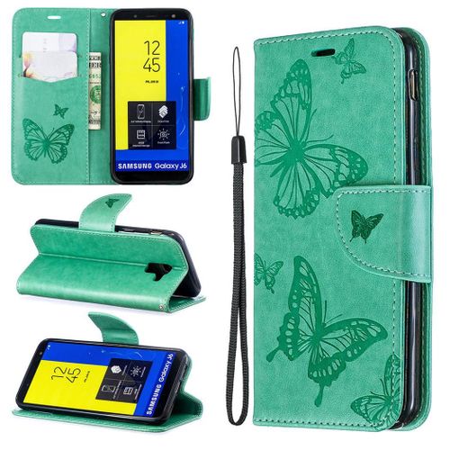 Samsung Galaxy J6 2018 Coque, Saturcase Papillon Gaufrage Pu Cuir Magnétique Flip Portefeuille Support Porte-Carte Protecteur Coque Housse Étui Avec Dragonne Pour Samsung Galaxy J6 2018 (Vert)