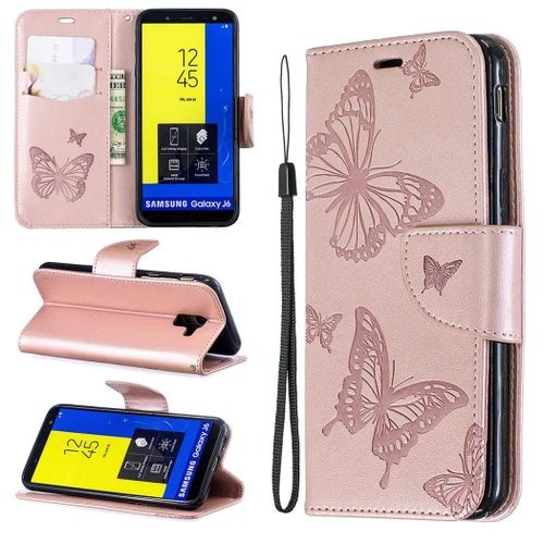 Samsung Galaxy J6 2018 Coque, Saturcase Papillon Gaufrage Pu Cuir Magnétique Flip Portefeuille Support Porte-Carte Protecteur Coque Housse Étui Avec Dragonne Pour Samsung Galaxy J6 2018 (Or)