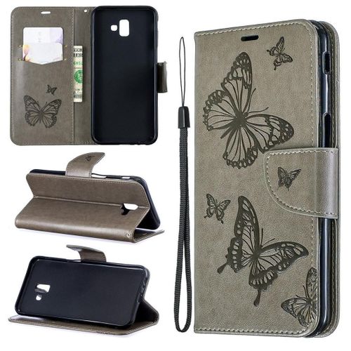 Samsung Galaxy J6 Plus Coque, Saturcase Papillon Gaufrage Pu Cuir Magnétique Flip Portefeuille Support Porte-Carte Protecteur Coque Housse Étui Avec Dragonne Pour Samsung Galaxy J6 Plus 2018 (Gris)