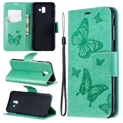Samsung Galaxy J6 Plus Coque, Saturcase Papillon Gaufrage Pu Cuir Magnétique Flip Portefeuille Support Porte-Carte Protecteur Coque Housse Étui Avec Dragonne Pour Samsung Galaxy J6 Plus 2018 (Vert)