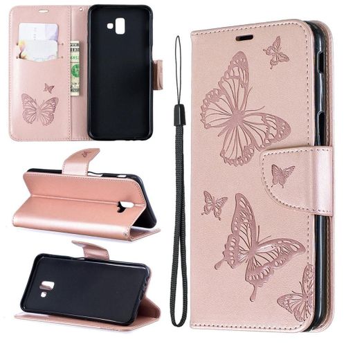Samsung Galaxy J6 Plus Coque, Saturcase Papillon Gaufrage Pu Cuir Magnétique Flip Portefeuille Support Porte-Carte Protecteur Coque Housse Étui Avec Dragonne Pour Samsung Galaxy J6 Plus 2018 (Or)